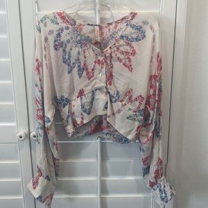RAGA white linen floral soft crop top blouse button down shirt pink blue